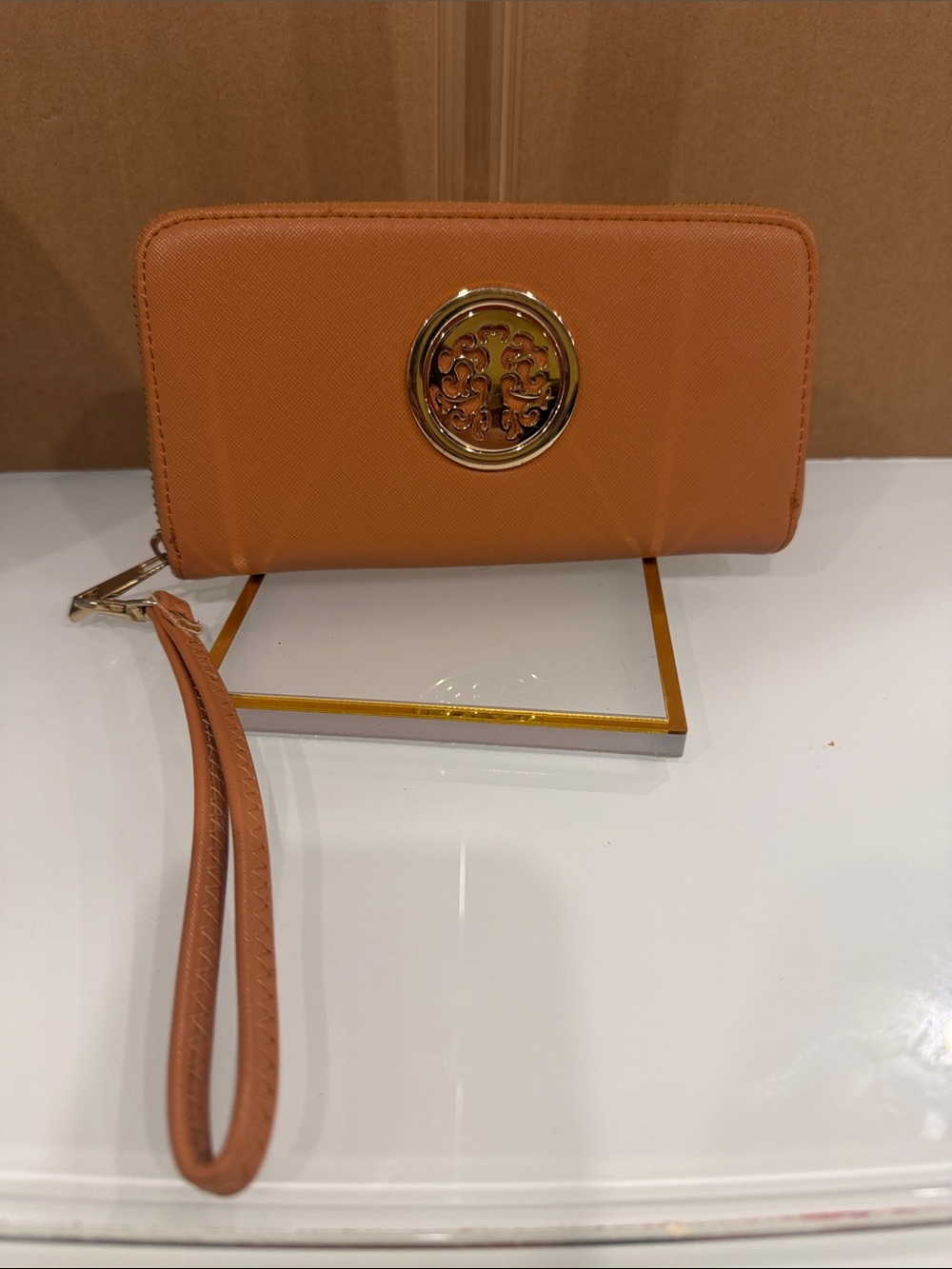 Tory Burch Caramel Tan Wristlet with Gold Logo Medallion